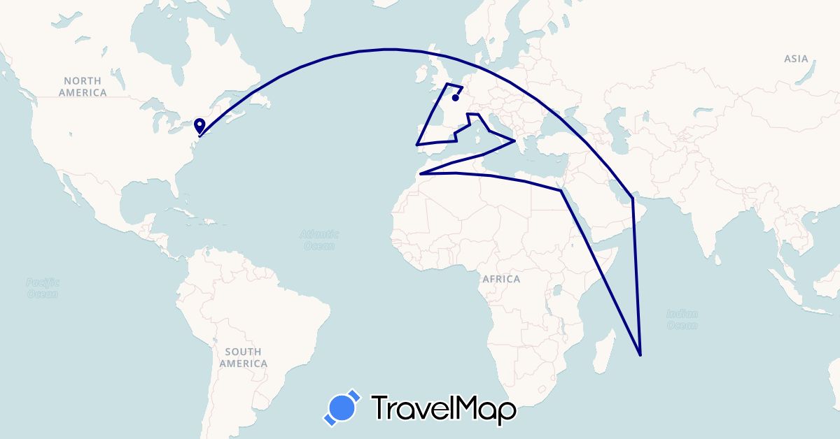 TravelMap itinerary: driving in United Arab Emirates, Belgium, Egypt, Spain, France, United Kingdom, Greece, Italy, Morocco, Mauritius, Portugal, Tunisia, United States (Africa, Asia, Europe, North America)